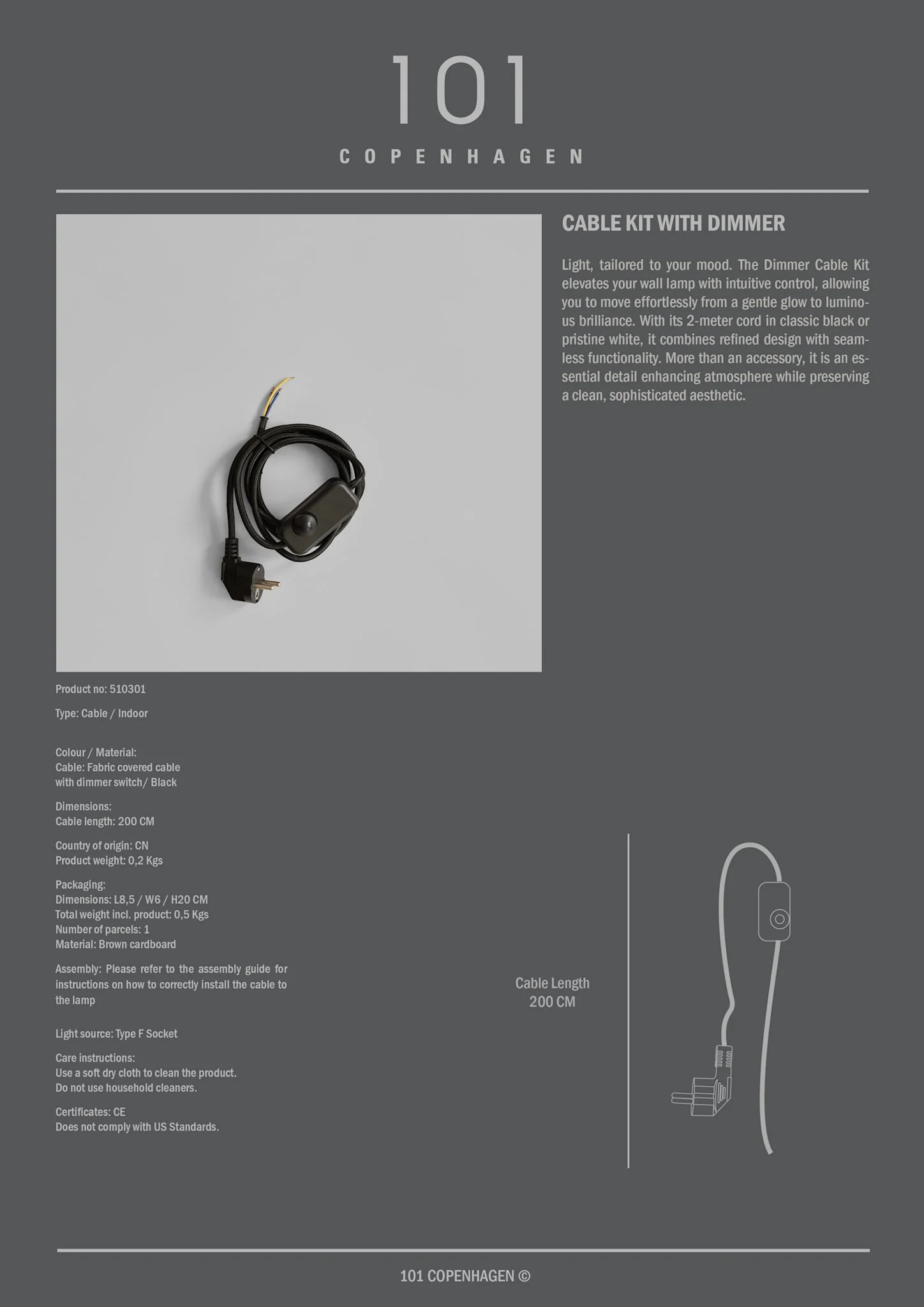 Cable Kit - Black Cord with Dimmer (2m) - Image 3