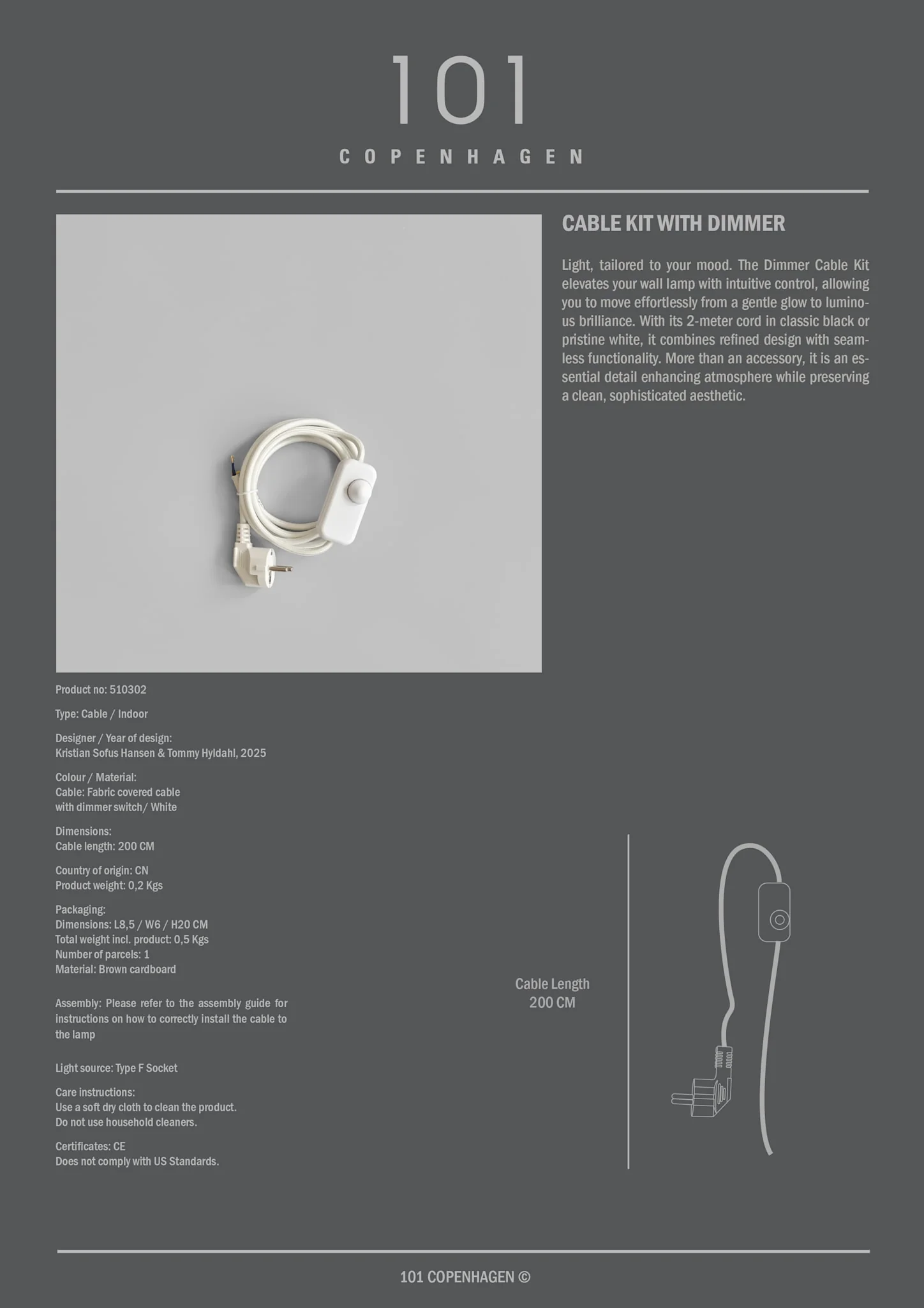 Cable Kit - White Cord with Dimmer (2m) - Image 3